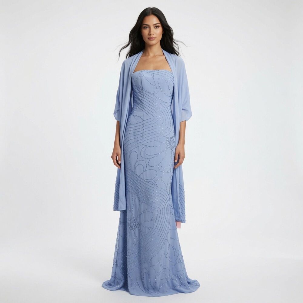 Putros Couture periwinkle beaded strapless special occasion dress